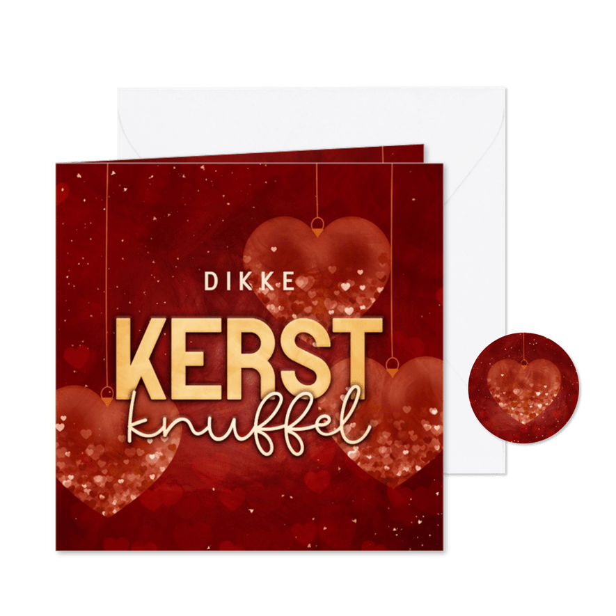 Kerstkaart kerstknuffel met hartjes kerstballen rood - Kaartimpressie