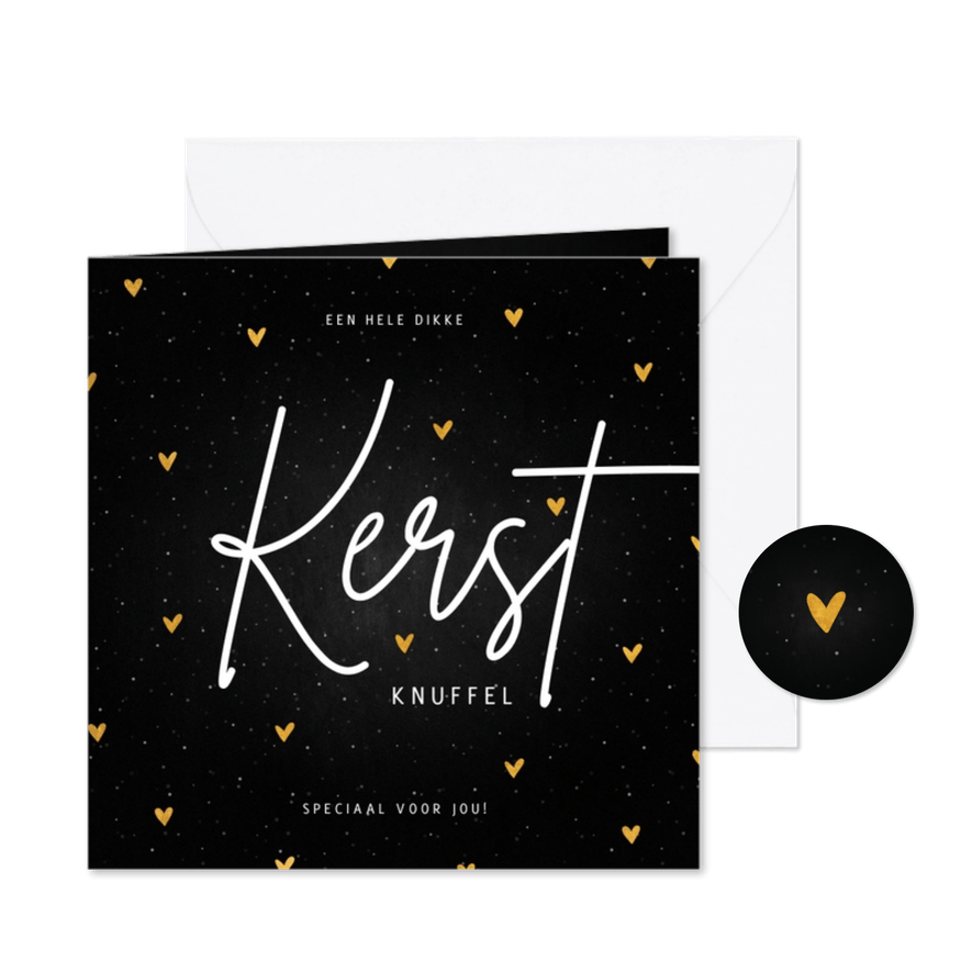 Kerstkaart kerstknuffel met sneeuw en gouden hartjes - Kaartimpressie