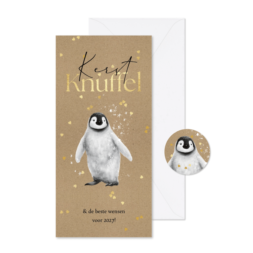 Kerstkaart kerstknuffel pinguïn hartjes goud - Kaartimpressie