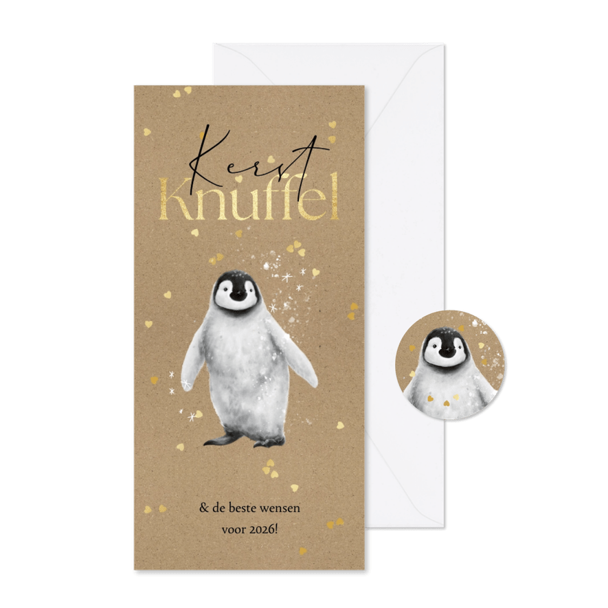 Kerstkaart kerstknuffel pinguïn hartjes goud - Kaartimpressie