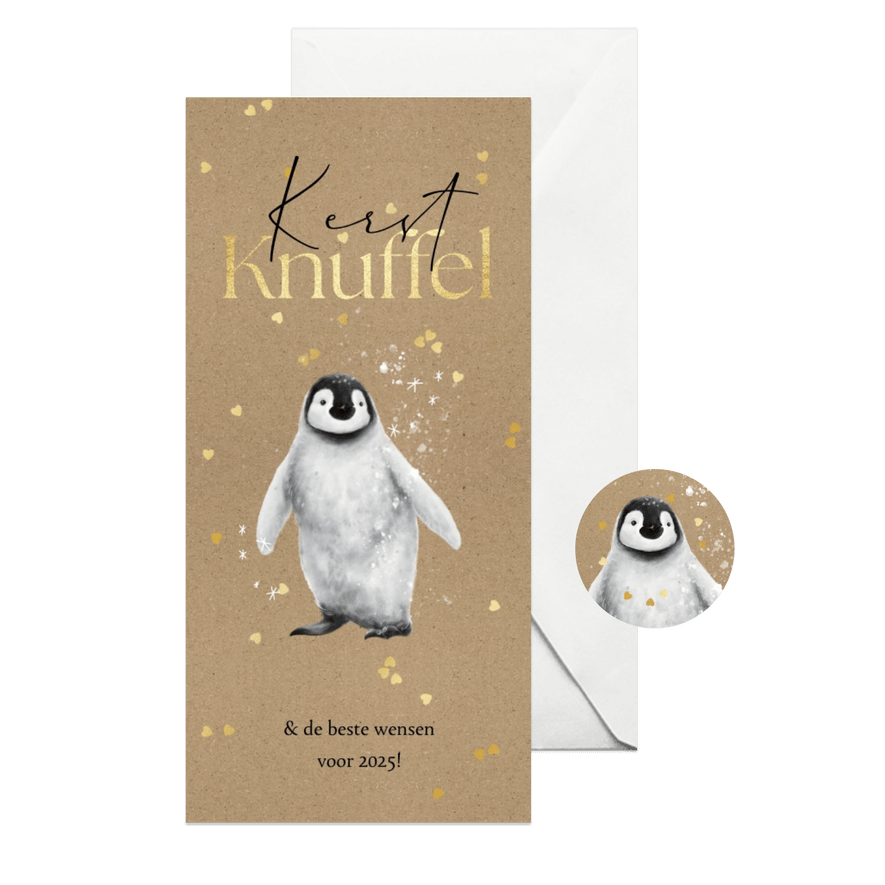 Kerstkaart kerstknuffel pinguïn hartjes goud - Kaartimpressie