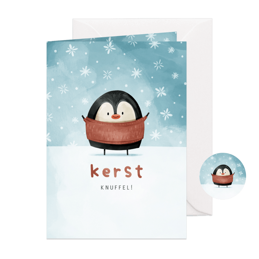 Kerstkaart kerstknuffel pinguïn met sneeuw - Kaartimpressie