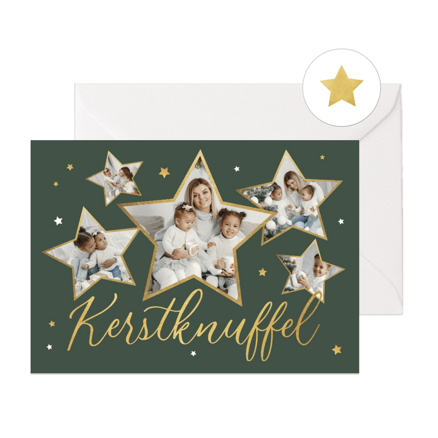 Kerstkaart kerstknuffel sterren fotocollage goud liefde - Kaartimpressie