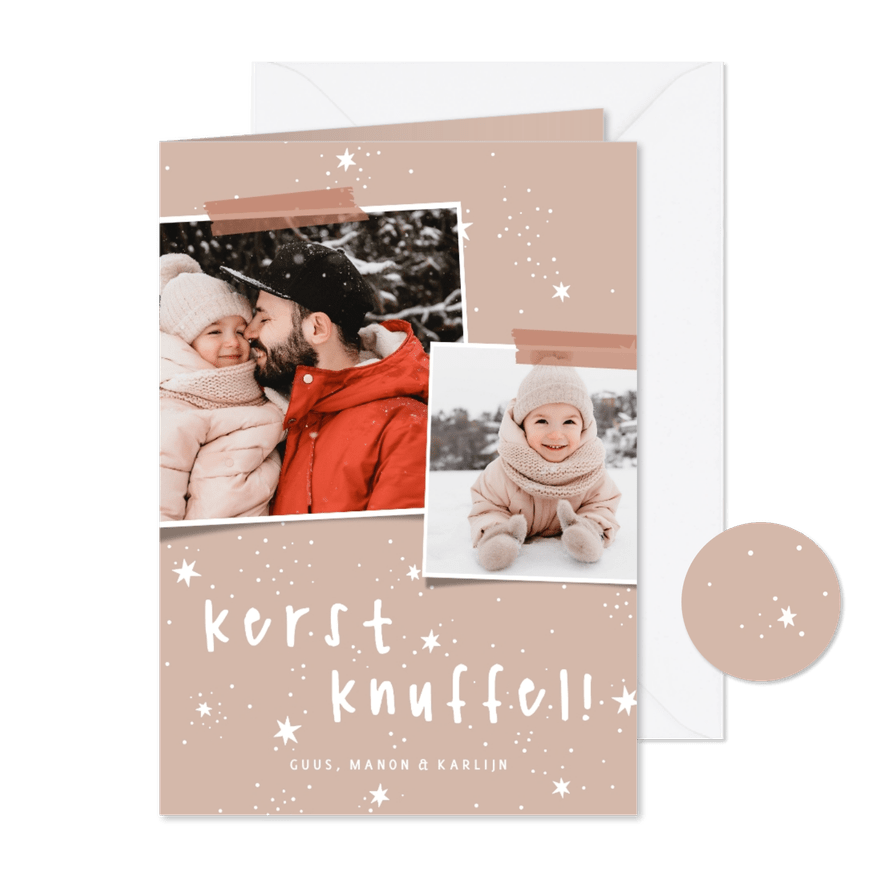 Kerstkaart kerstknuffel sterretjes met 2 foto's - Kaartimpressie