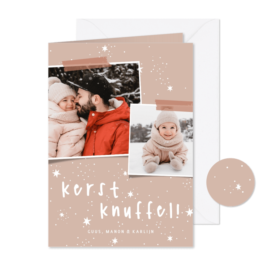 Kerstkaart kerstknuffel sterretjes met 2 foto's - Kaartimpressie