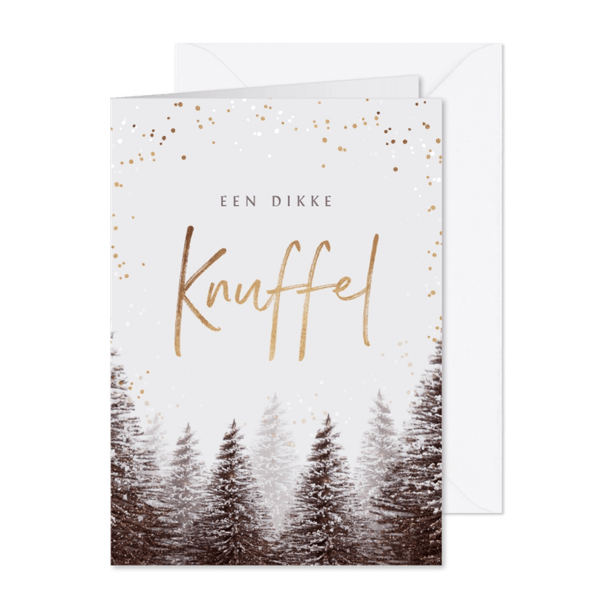 Kerstkaart kerstknuffel winter kerstbomen goud confetti - Kaartimpressie