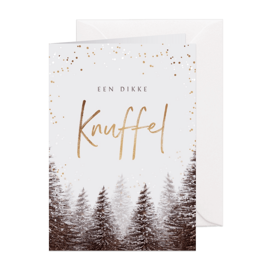 Kerstkaart kerstknuffel winter kerstbomen goud confetti - Kaartimpressie