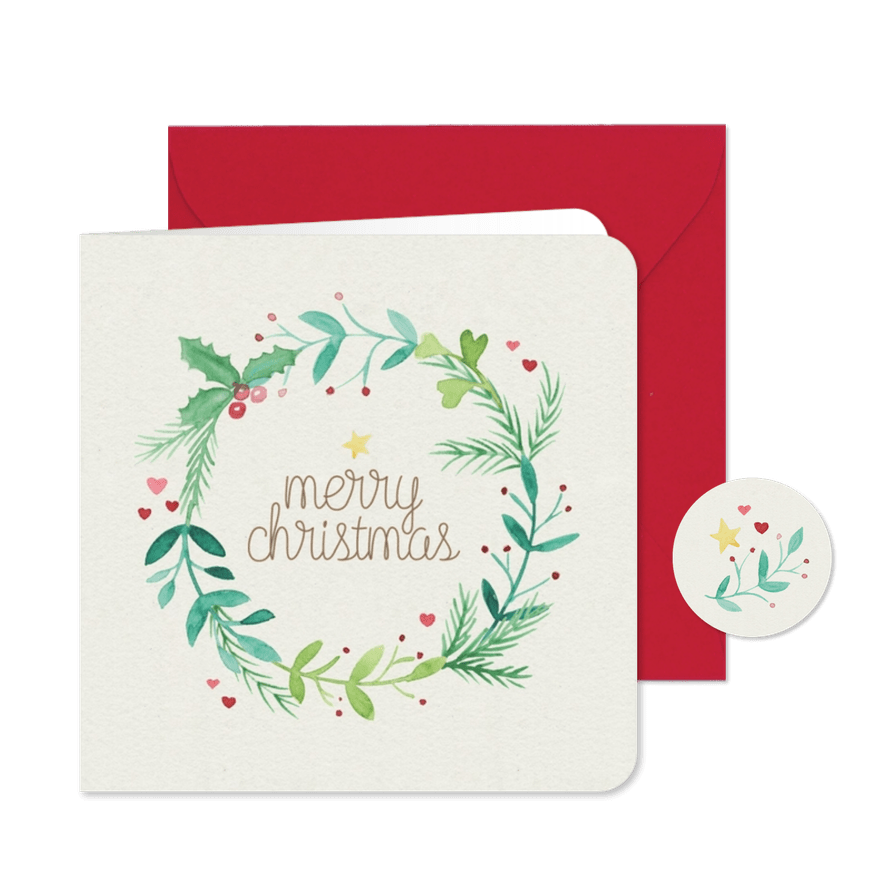 Kerstkaart kerstkrans aquarel 'Merry christmas' - Kaartimpressie
