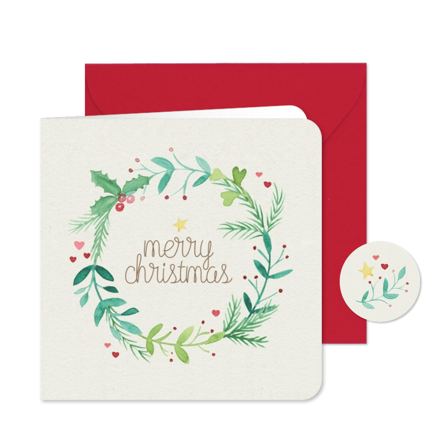 Kerstkaart kerstkrans aquarel 'Merry christmas' - Kaartimpressie