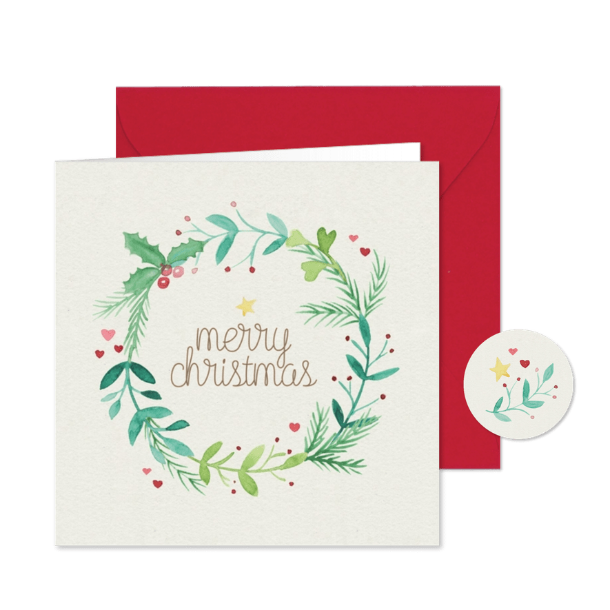 Kerstkaart kerstkrans aquarel 'Merry christmas' - Kaartimpressie