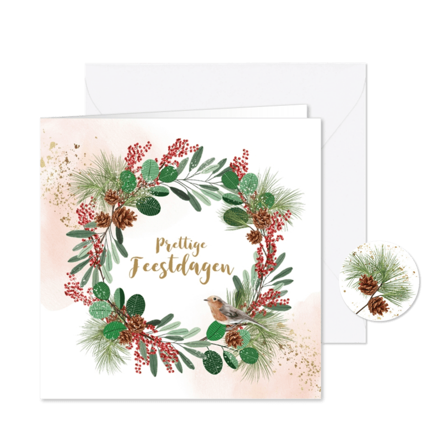 Kerstkaart kerstkrans dennentak vogel watercolour goudlook - Kaartimpressie