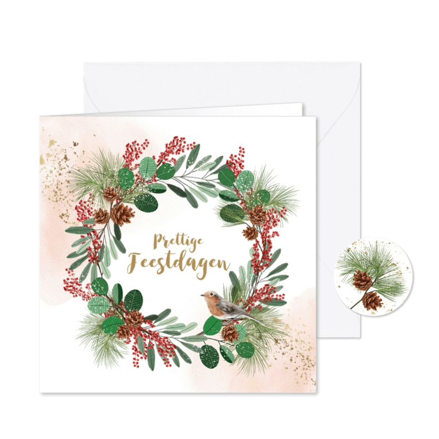 Kerstkaart kerstkrans dennentak vogel watercolour goudlook - Kaartimpressie