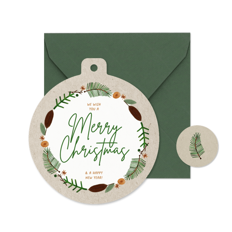 Kerstkaart kerstkrans kerstbal vorm takjes merry christmas - Kaartimpressie
