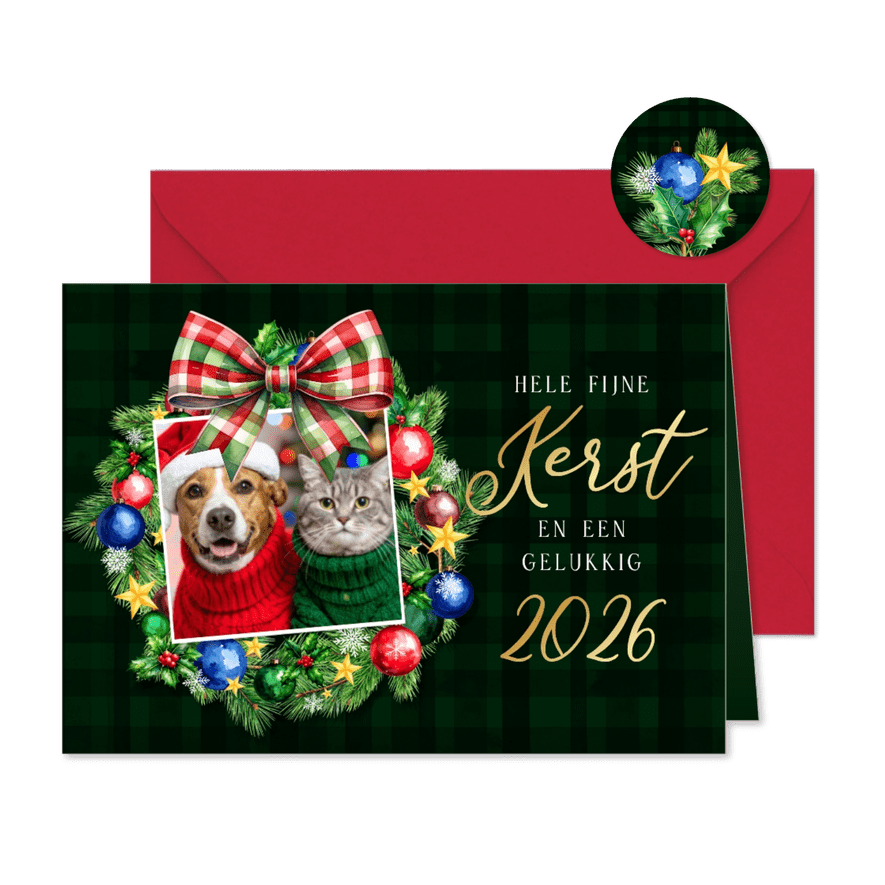 Kerstkaart kerstkrans kerstballen ruiten strik en foto - Kaartimpressie