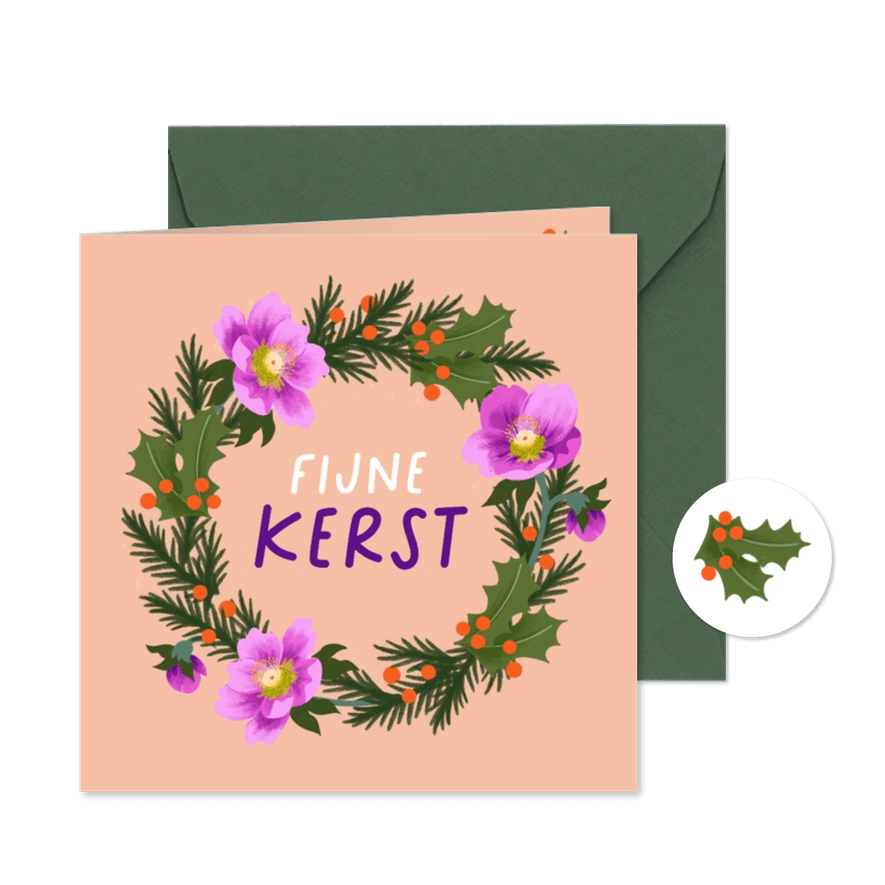 Kerstkaart kerstkrans kerstroos fijne kerst - Kaartimpressie