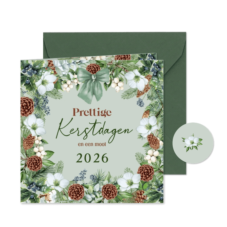 Kerstkaart kerstkrans met groene strik - Kaartimpressie