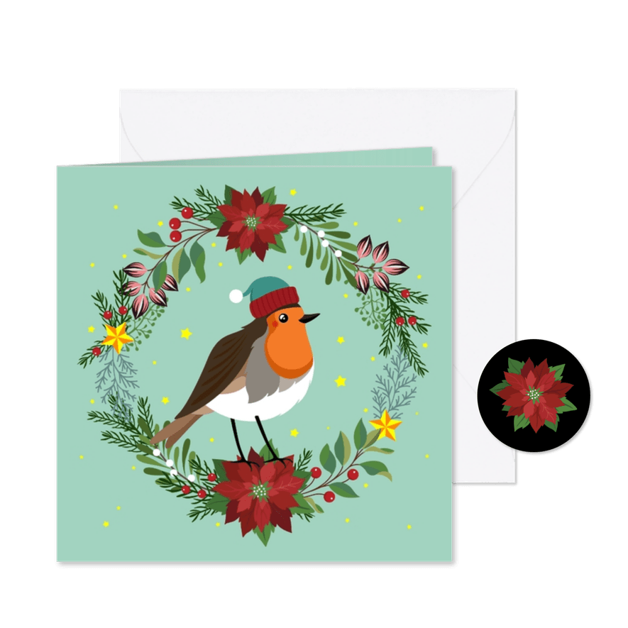 Kerstkaart kerstkrans met roodborstje - Kaartimpressie