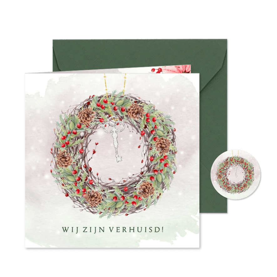Kerstkaart kerstkrans met sleutel en kerstgroen - Kaartimpressie