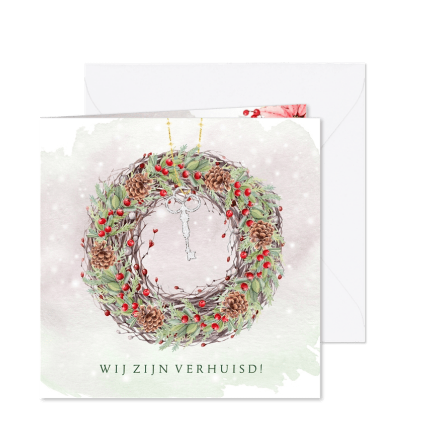 Kerstkaart kerstkrans met sleutel en kerstgroen - Kaartimpressie