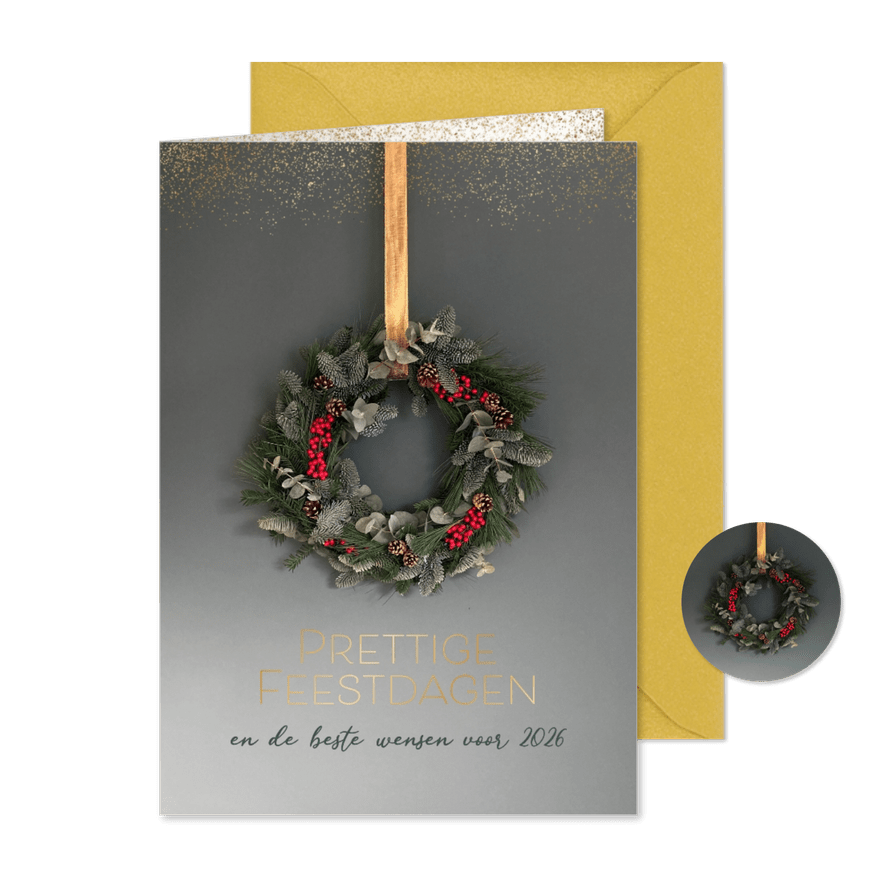 Kerstkaart kerstkrans tekst goudfolie - Kaartimpressie