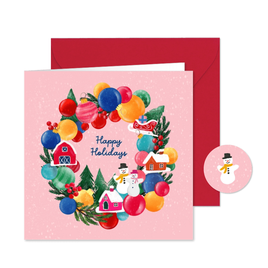 Kerstkaart 'Kerstkrans van kerstballen' - Kaartimpressie