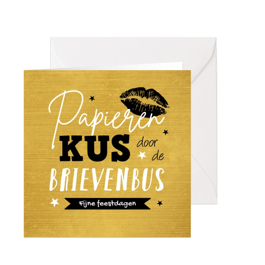 Kerstkaart kerstkus brievenbus liefde kus sterren goud - Kaartimpressie