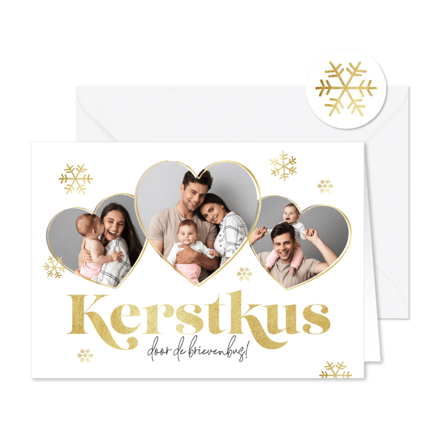 Kerstkaart kerstkus door de brievenbus foto's goud sneeuw - Kaartimpressie