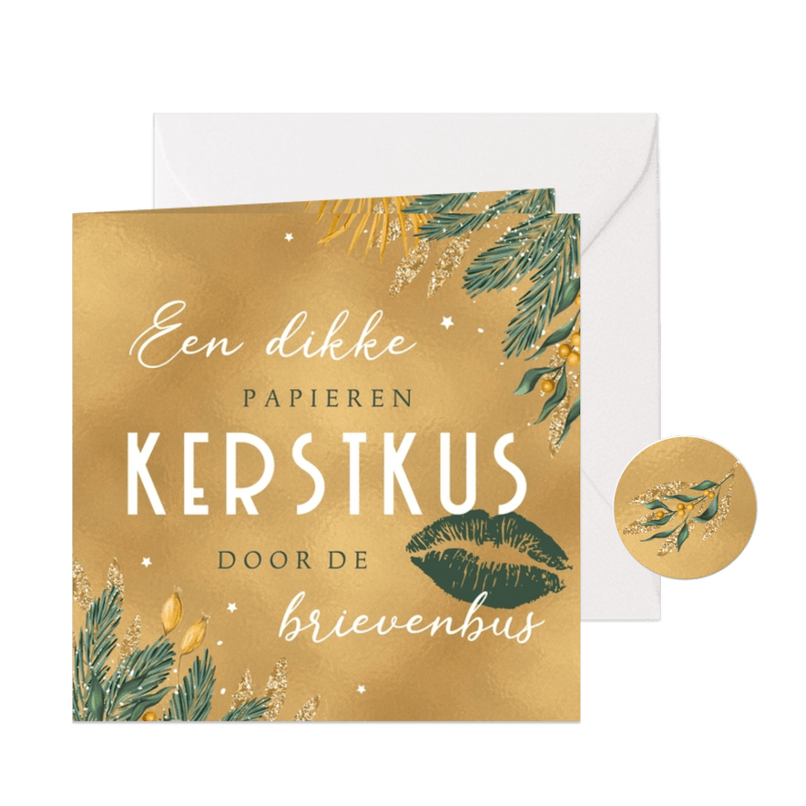 Kerstkaart kerstkus goud sterren takjes - Kaartimpressie