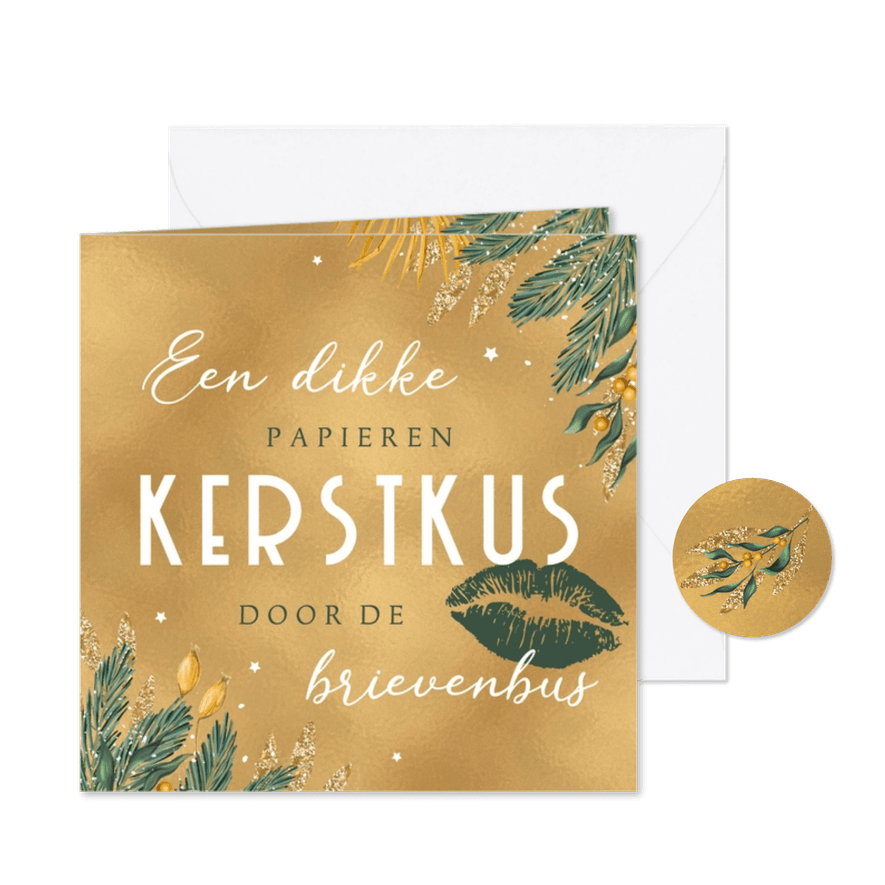 Kerstkaart kerstkus goud sterren takjes - Kaartimpressie