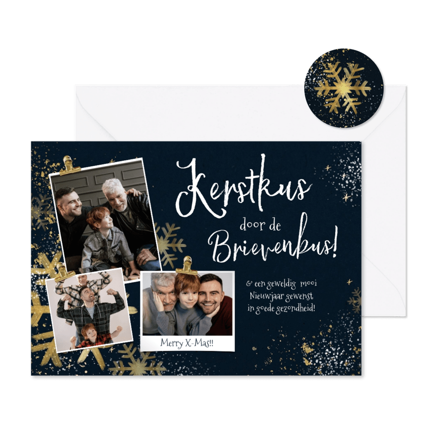 Kerstkaart 'Kerstkus' goudlook sterren ijskristal fotokaart - Kaartimpressie