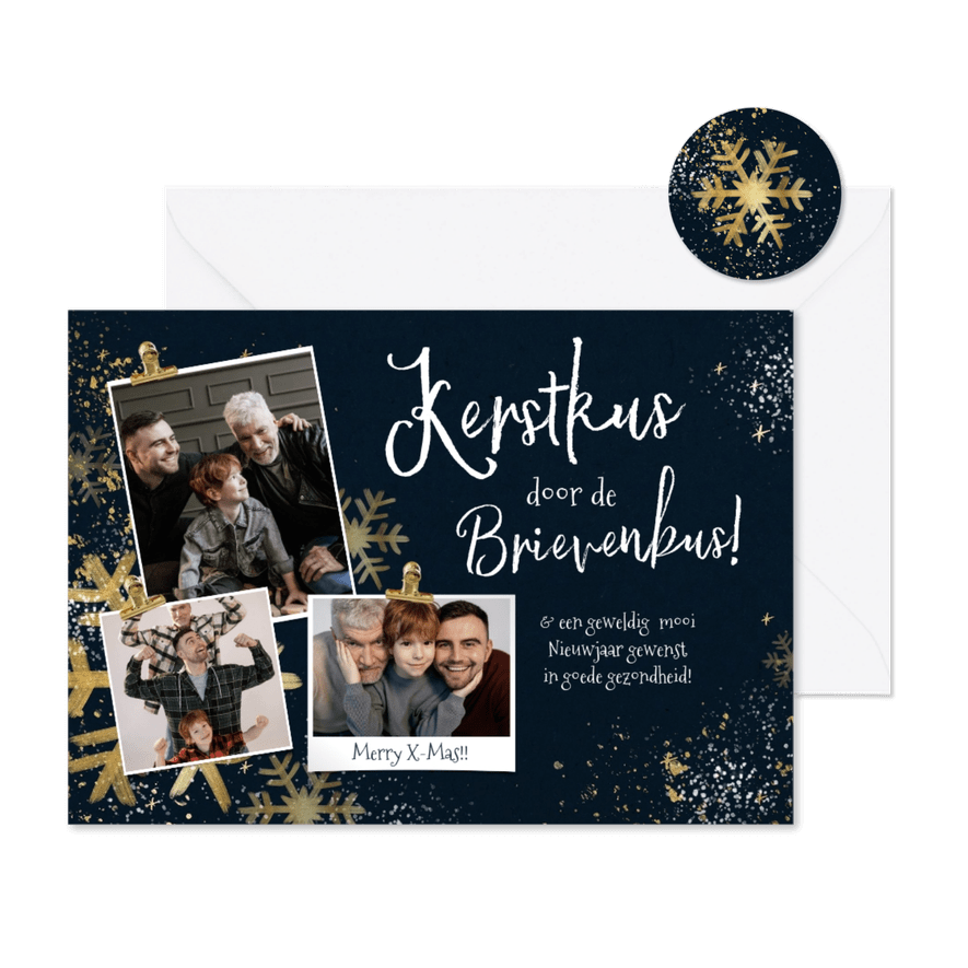 Kerstkaart 'Kerstkus' goudlook sterren ijskristal fotokaart - Kaartimpressie
