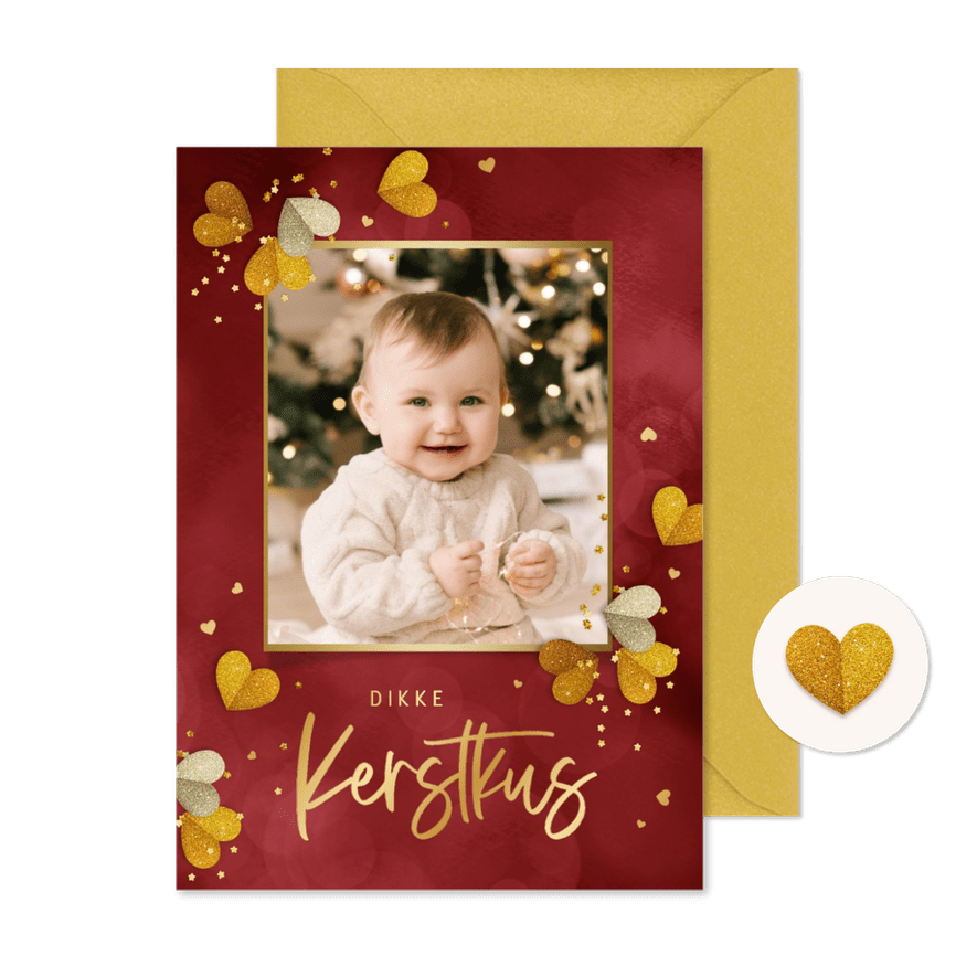 Kerstkaart kerstkus hartjes glitters goud foto - Kaartimpressie