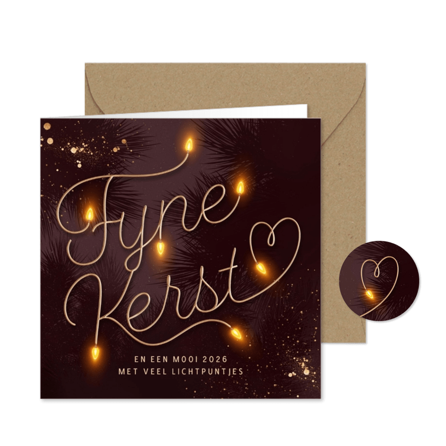 Kerstkaart kerstlampjes lieve tekst goud aubergine - Kaartimpressie