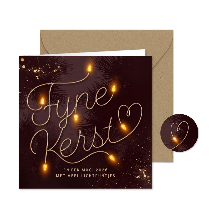 Kerstkaart kerstlampjes lieve tekst goud aubergine - Kaartimpressie