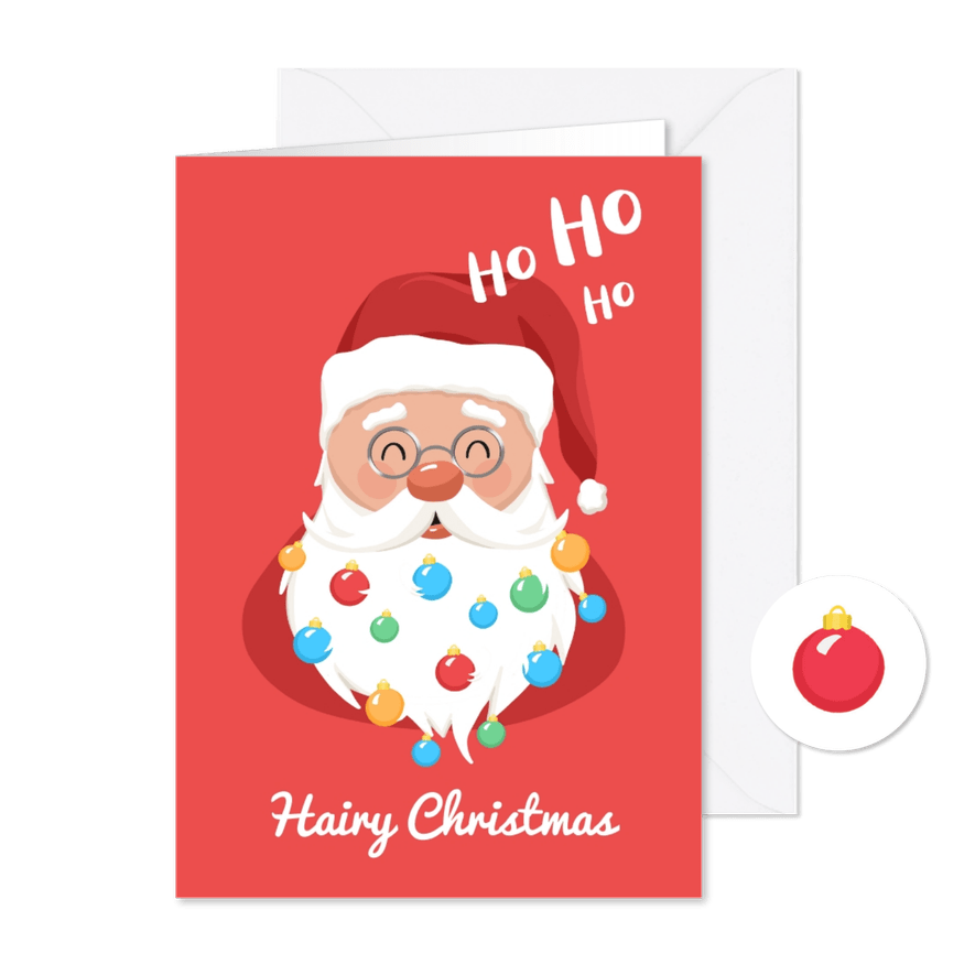 Kerstkaart kerstman baard kerstballen humor - Kaartimpressie
