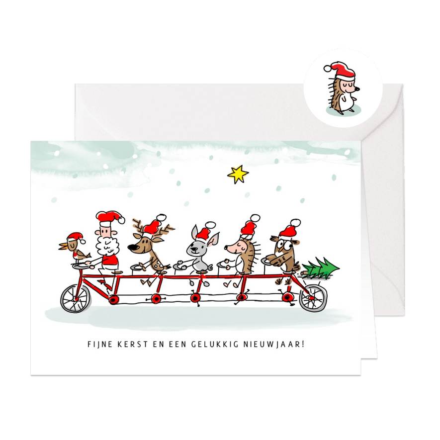 Kerstkaart kerstman en dieren op tandem - Kaartimpressie