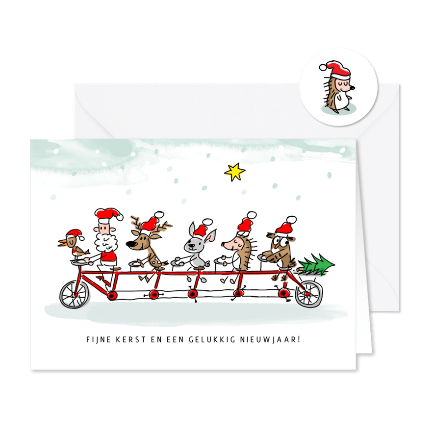 Kerstkaart kerstman en dieren op tandem - Kaartimpressie