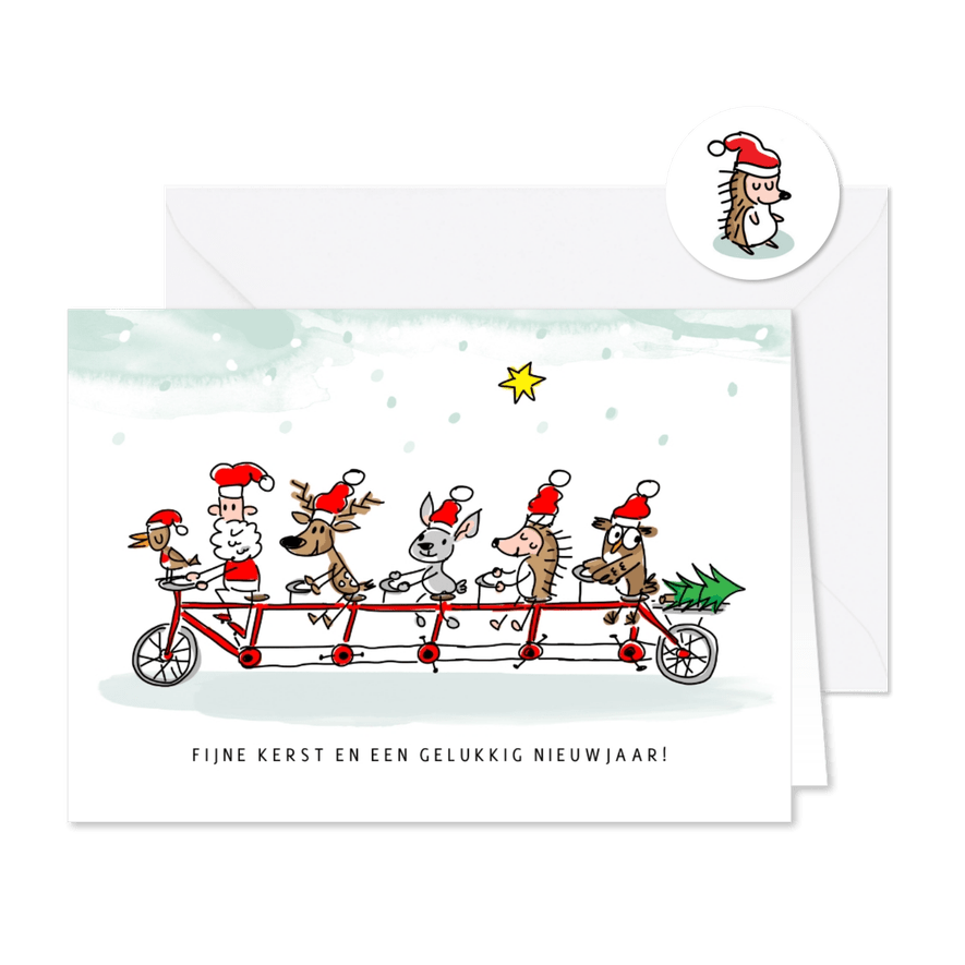 Kerstkaart kerstman en dieren op tandem - Kaartimpressie