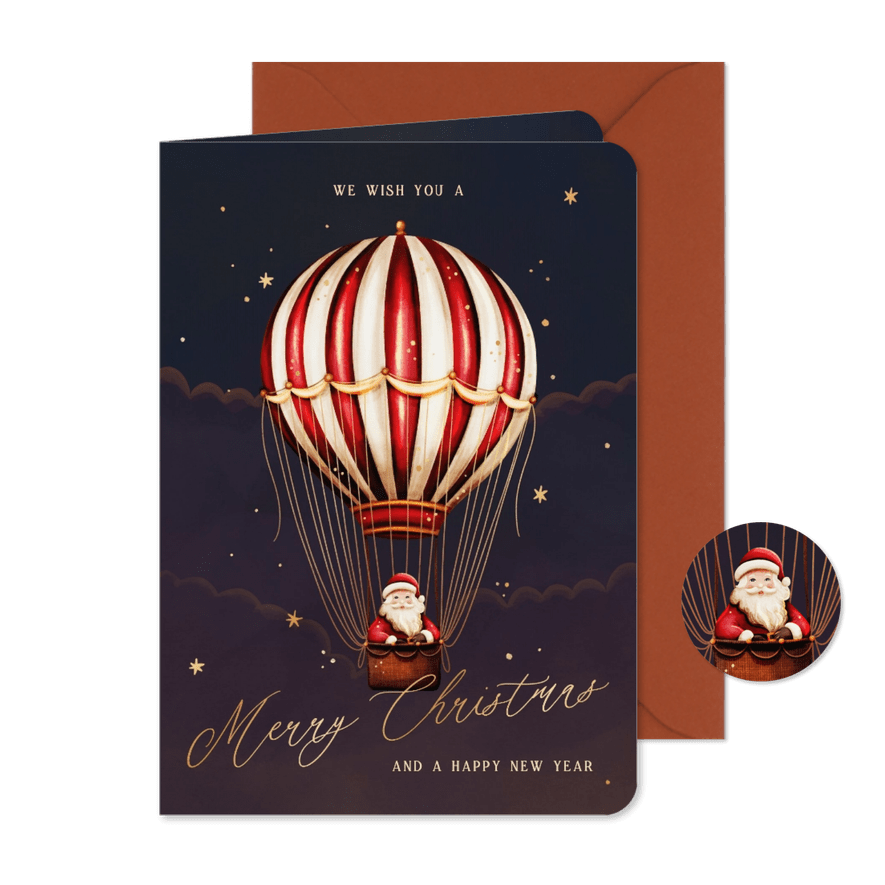 Kerstkaart kerstman in een luchtballon met sterren - Kaartimpressie