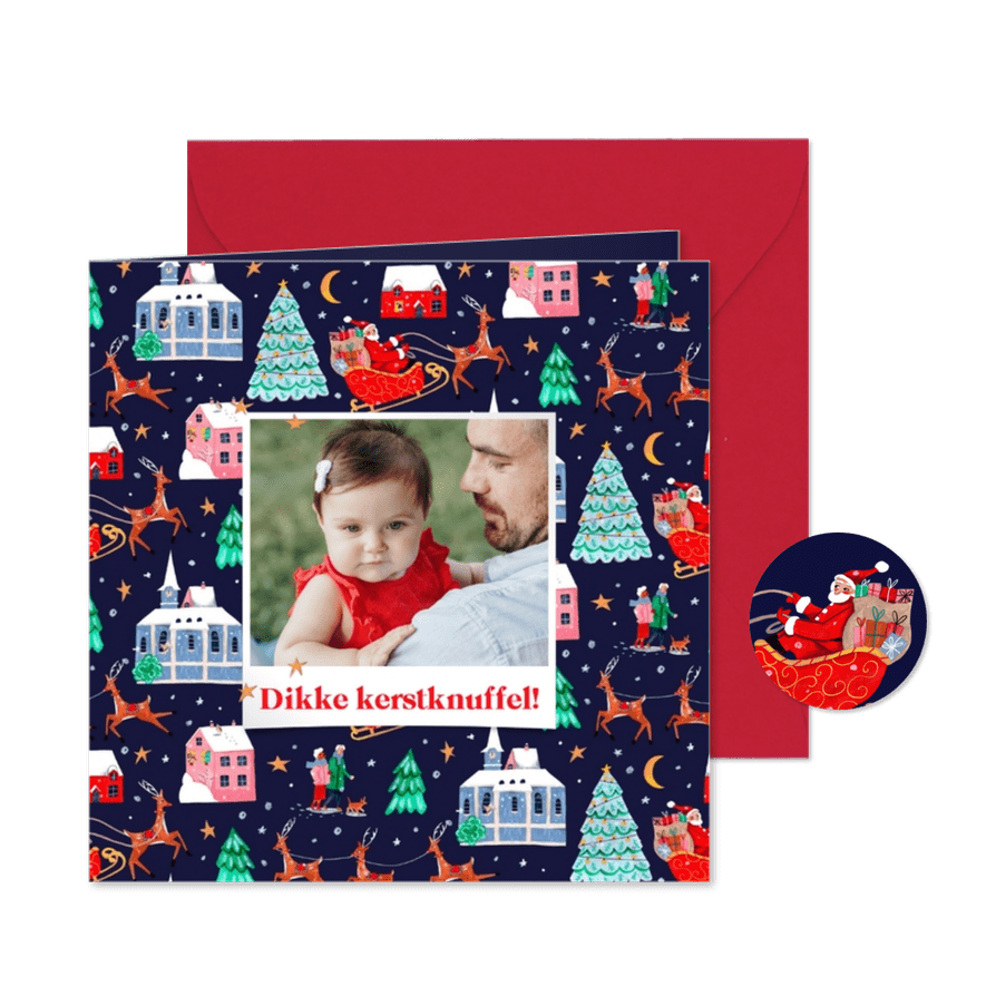 Kerstkaart kerstman in het dorp met rendieren en sneeuw - Kaartimpressie