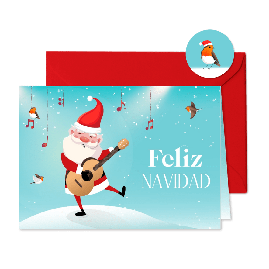 Kerstkaart kerstman met gitaar sneeuw optreden feliz navidad - Kaartimpressie