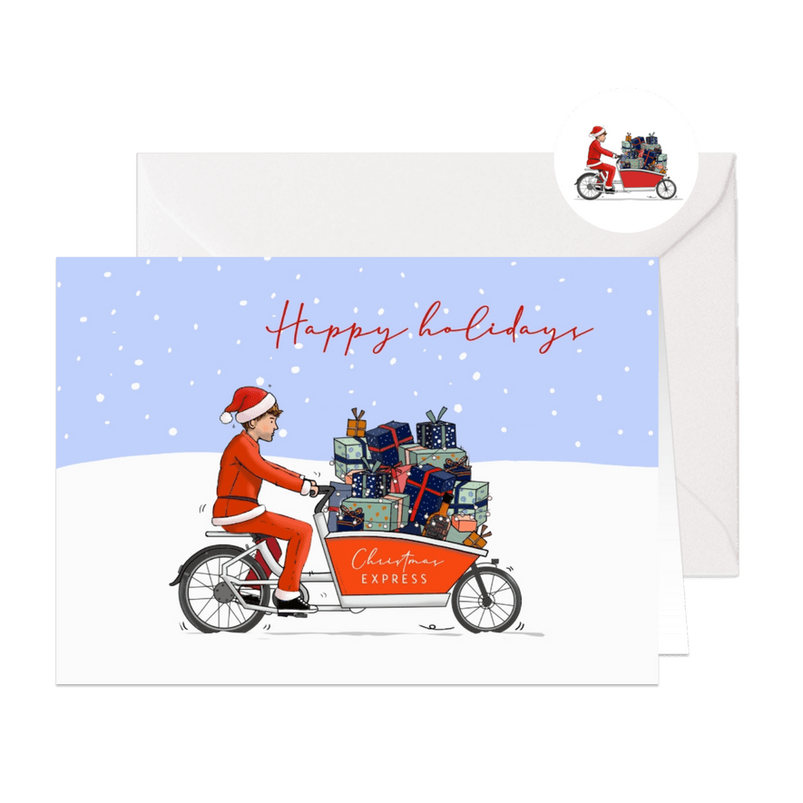 Kerstkaart kerstman op bakfiets - Kaartimpressie