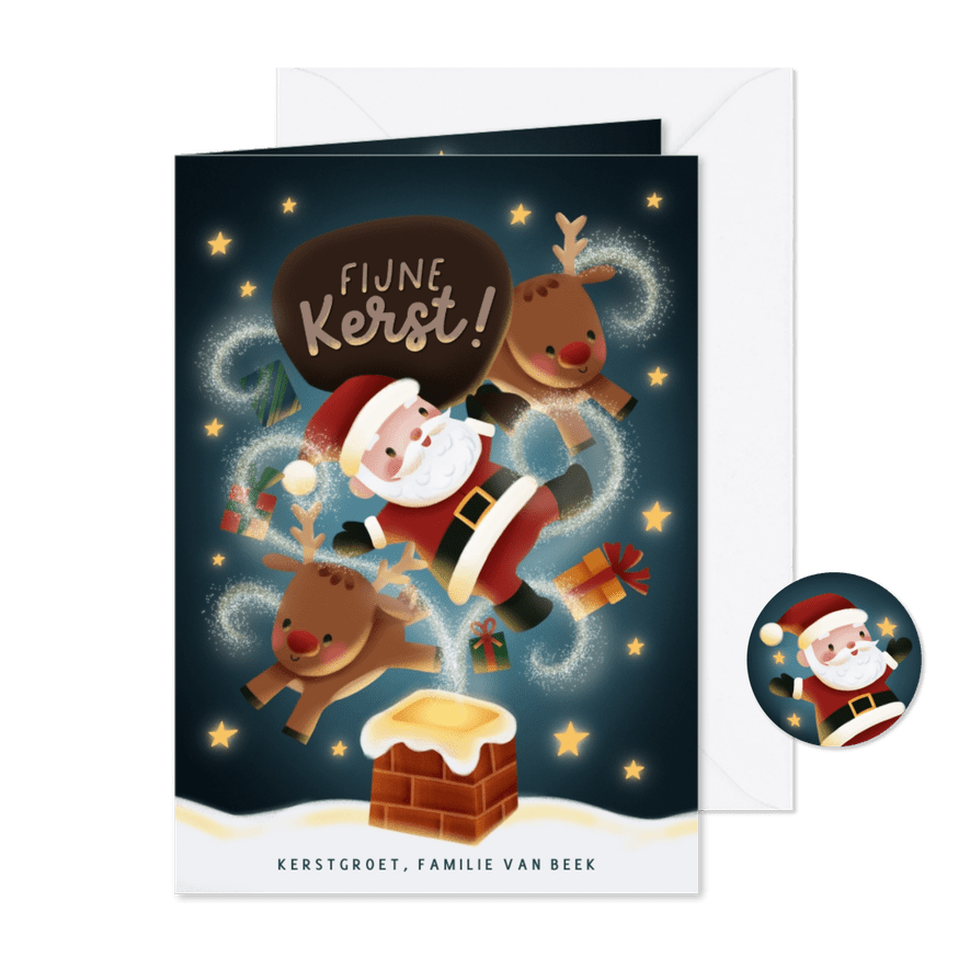 Kerstkaart kerstman rendieren cadeautjes en schoorsteen - Kaartimpressie