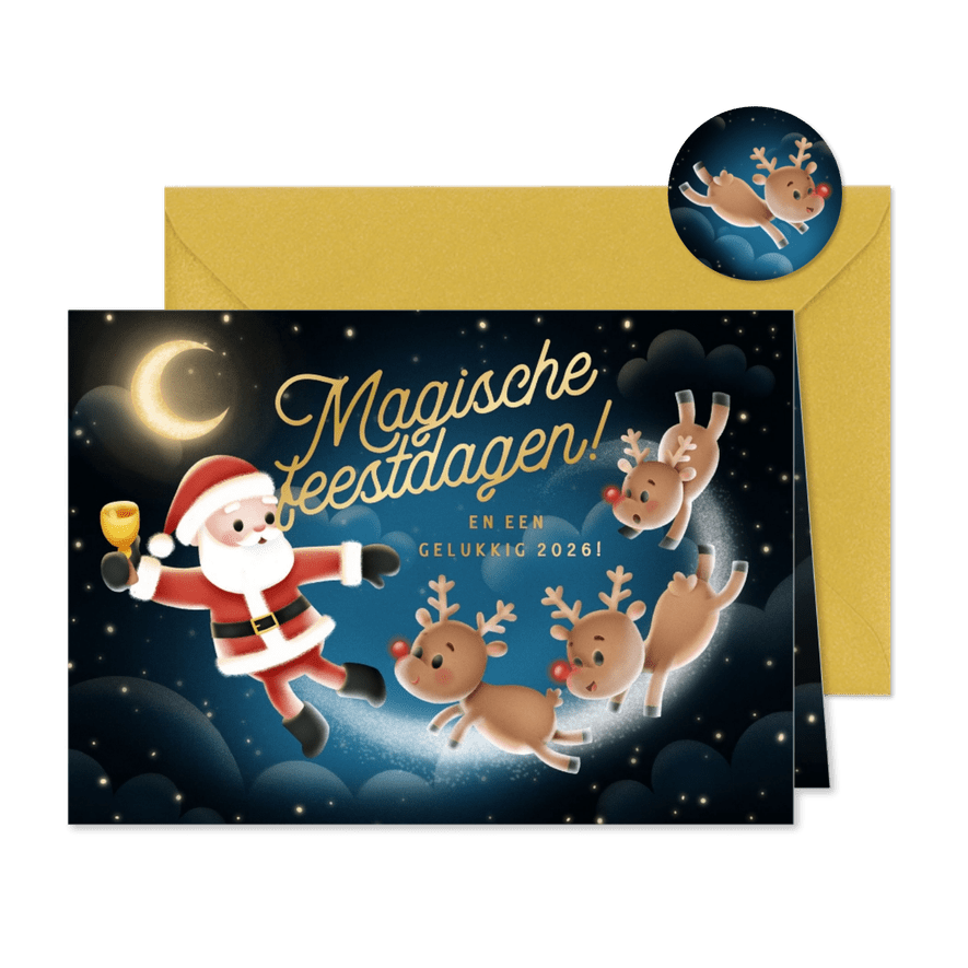 Kerstkaart kerstman rendieren maan 'Magische feestdagen' - Kaartimpressie