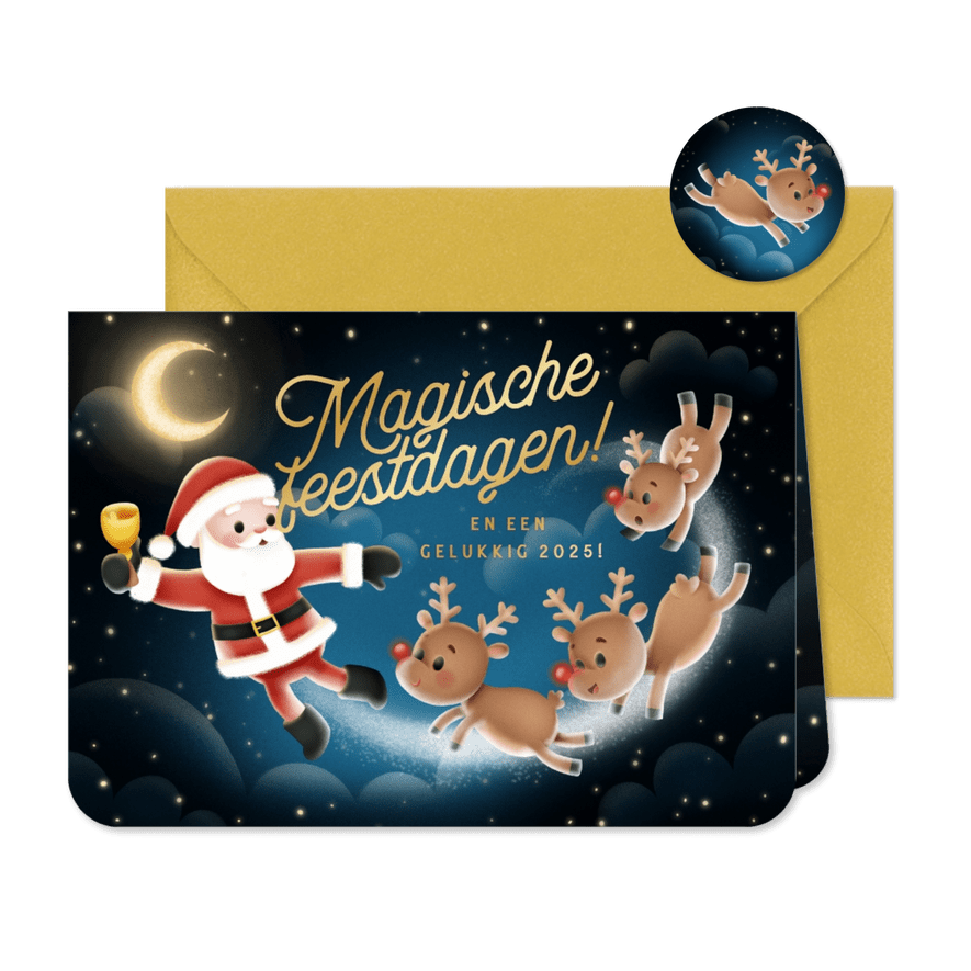 Kerstkaart kerstman rendieren maan 'Magische feestdagen' - Kaartimpressie