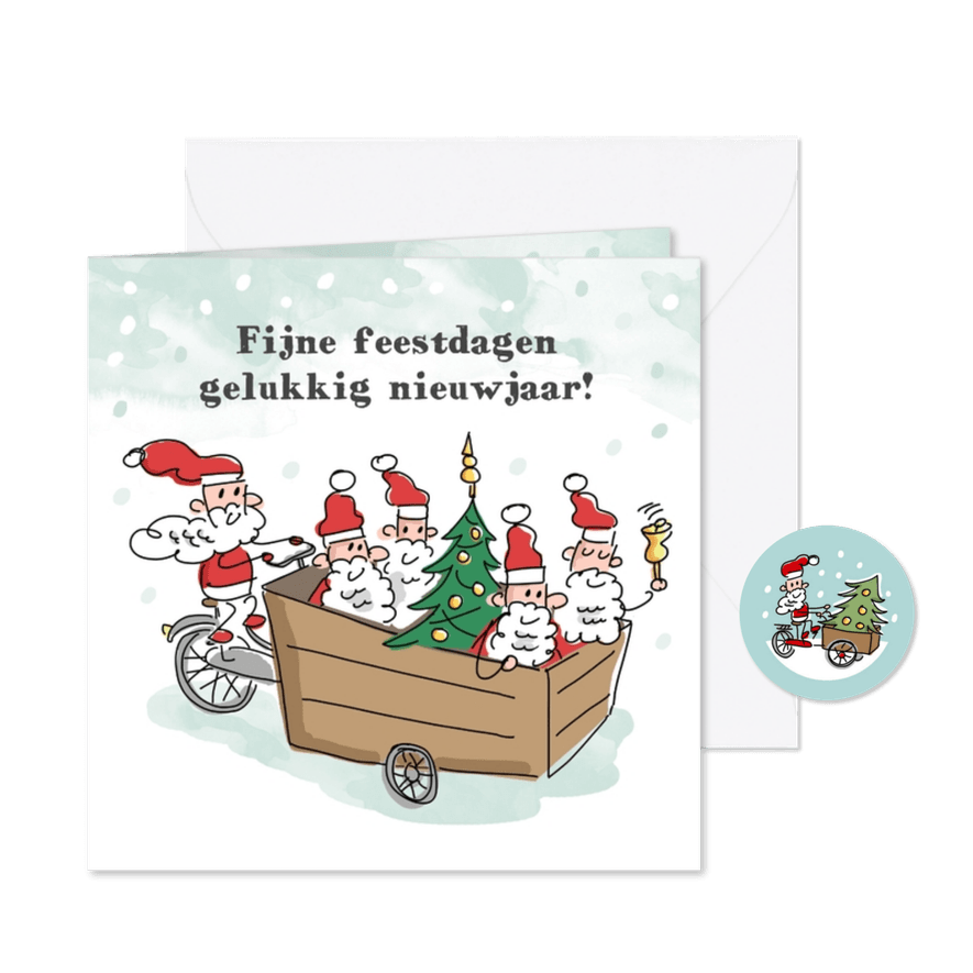 Kerstkaart kerstmannen met kerstboom op een bakfiets - Kaartimpressie