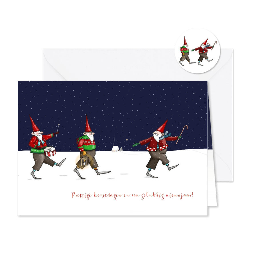 Kerstkaart - kerstmannetjes in de sneeuw - Kaartimpressie