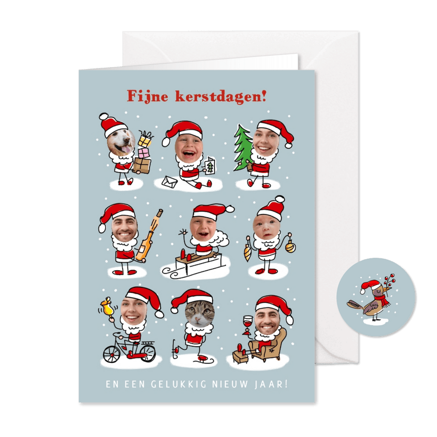 Kerstkaart kerstmannetjes met fotogezichten - Kaartimpressie