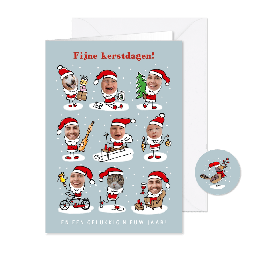 Kerstkaart kerstmannetjes met fotogezichten - Kaartimpressie