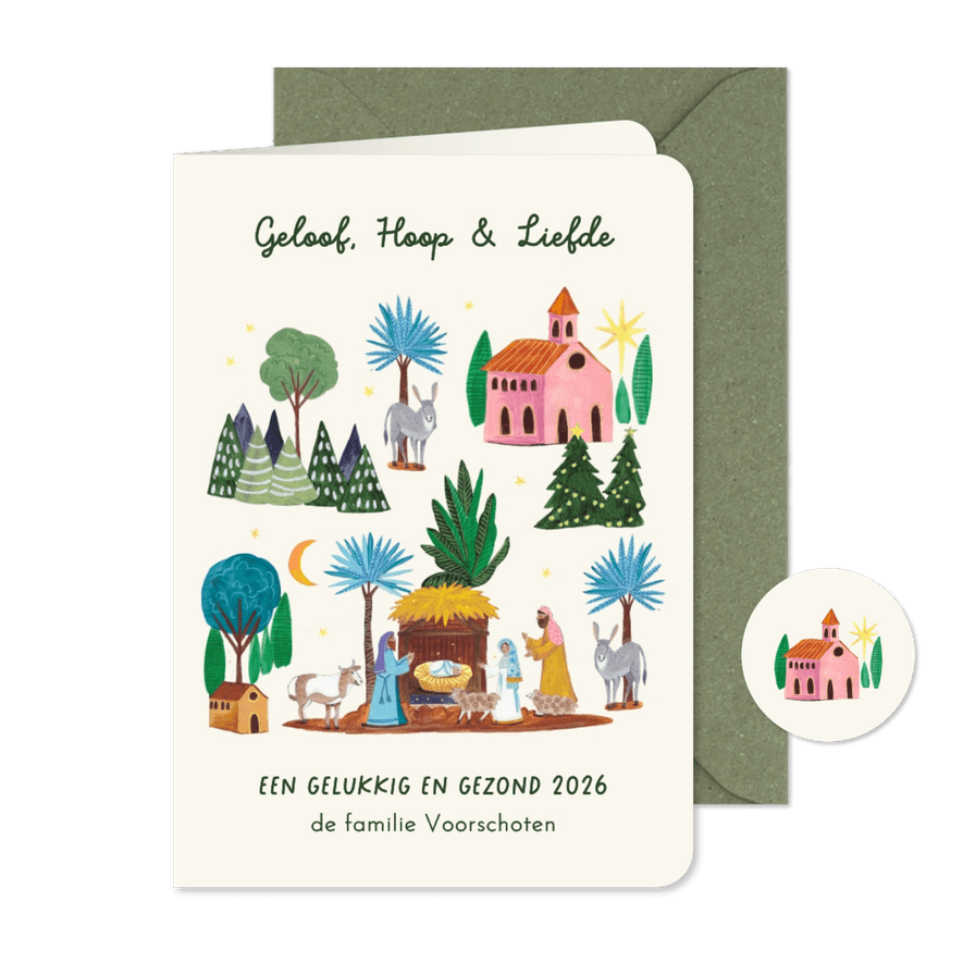 Kerstkaart kerststal met kindje Jezus en kerkje - Kaartimpressie